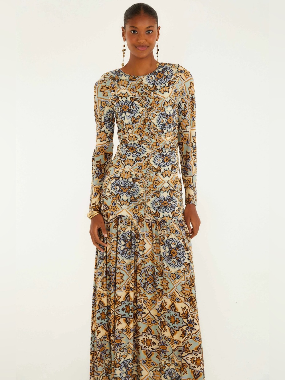 FARM RIO Blue Winter Tapestry Long Sleeve Maxi Dress